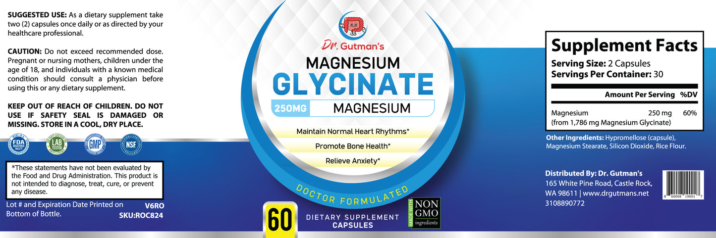 Dr. Gutman's® Best Magnesium Glycinate – NSF-Certified, Non-GMO, Vegan Friendly, Vegetarian, 60 250mg capsules
