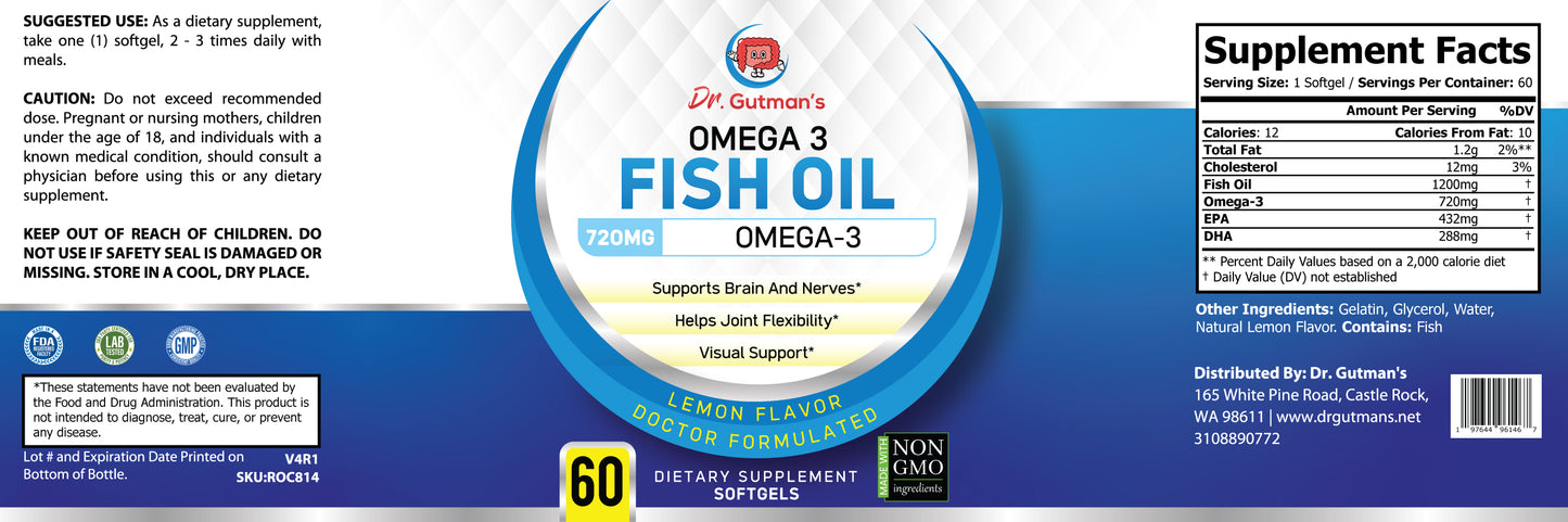 Dr. Gutman's® Best Omega-3 Fish Oil for Heart Health & Joint Support, EPA & DHA, 60 Rapid Release, Burpless Softgels formulated from pelagic Fish Oil in Pristine Ocean Waters
