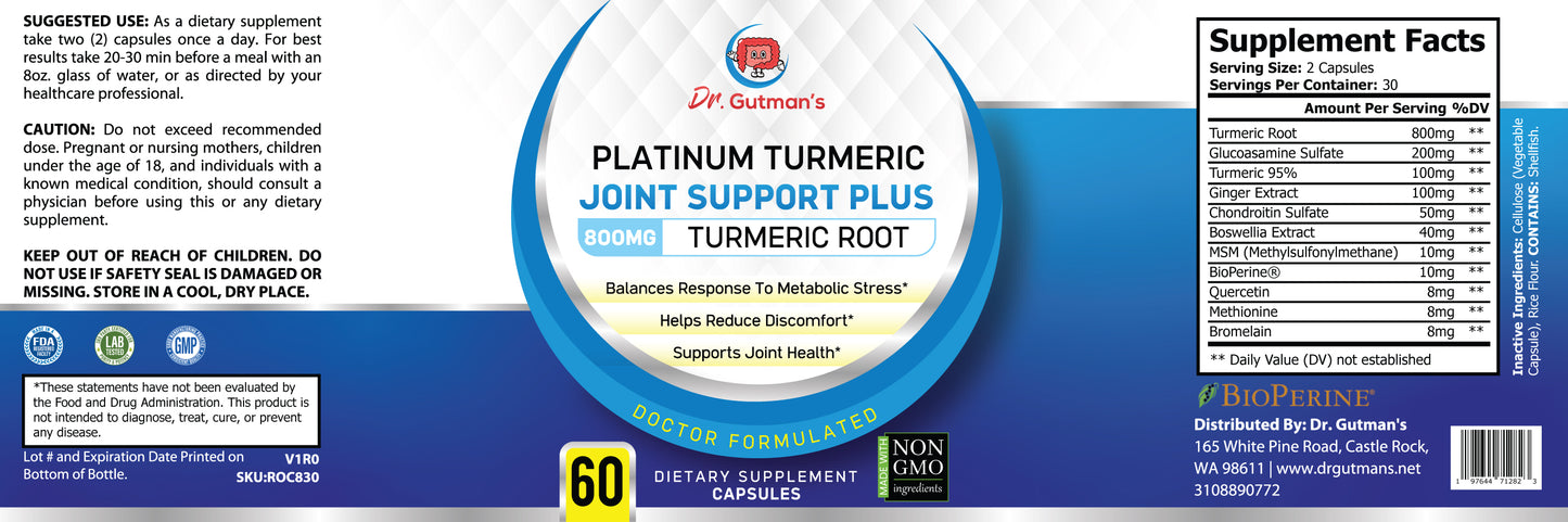 Dr. Gutman's® Best Joint Support Supplement with Glucosamine, Chondroitin & Turmeric-with Ginger, Boswellia, MSM, Bioperine - Vegan, Gluten-Free, Non-GMO - 60 Capsules for Joint Health and Microbiome Support