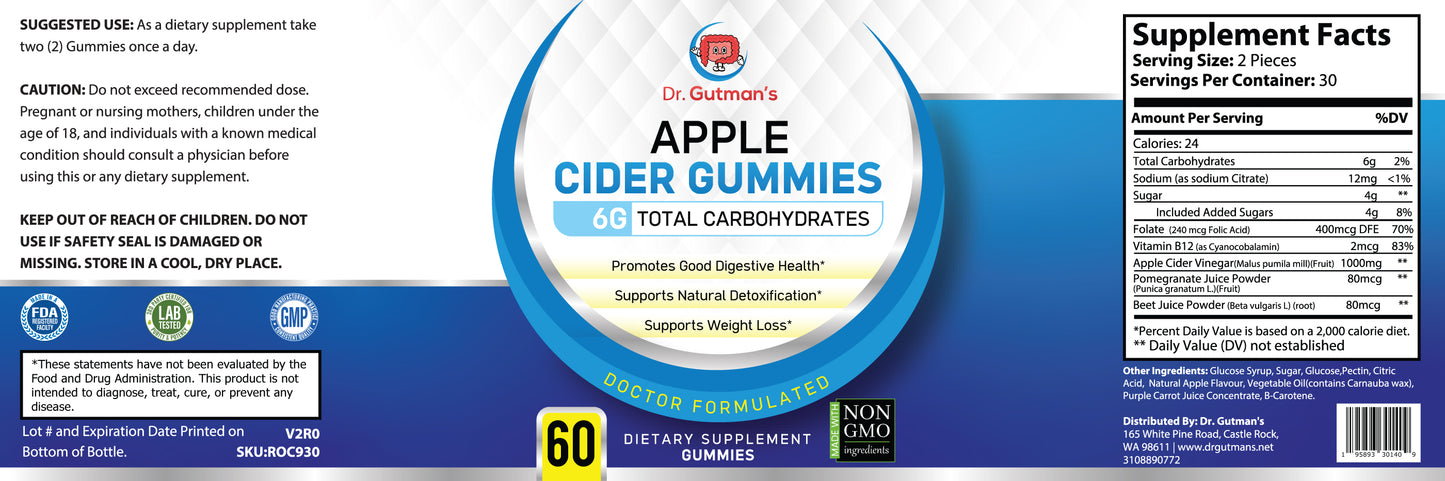 Dr. Gutman's® Best Apple Cider Vinegar Gummies for Gut Health & Weight Loss - Digestive Support, Immune Boost, Healthy Cholesterol & Blood Sugar Levels, Enhanced Fat Burning - Optimal BCAA Blend - Made in USA, 60 Count