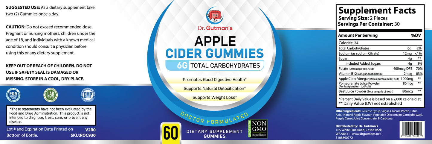 Dr. Gutman's® Premium Apple Cider Vinegar Gummies - Digestive Support, Immune Boost, Healthy Cholesterol & Blood Sugar Levels, Enhanced Fat Burning - Optimal BCAA Blend - Made in USA, 60 Count